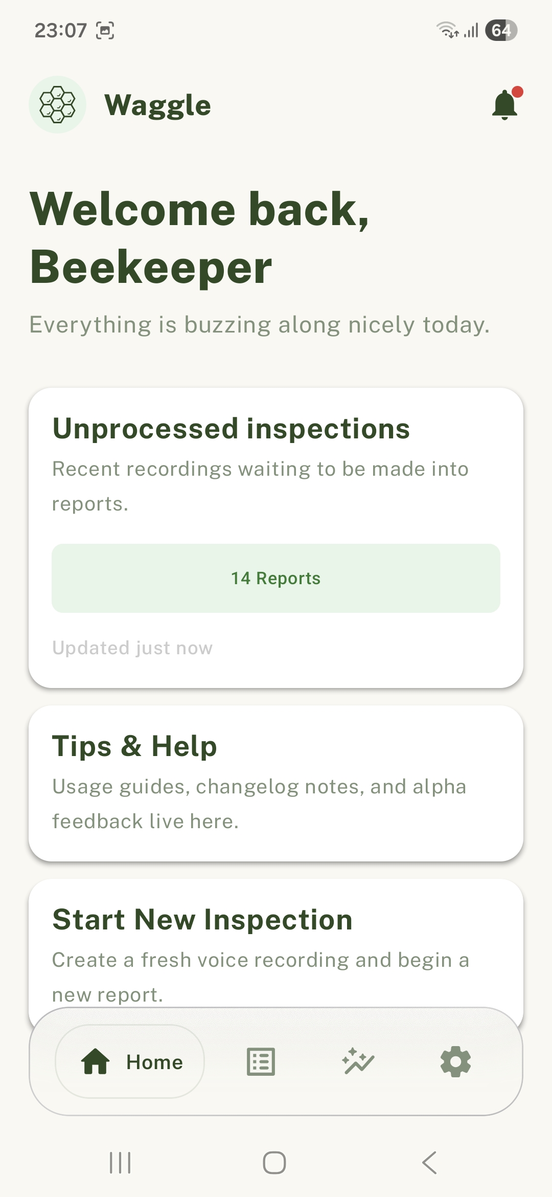 Screenshot of WaggleScribe home screen