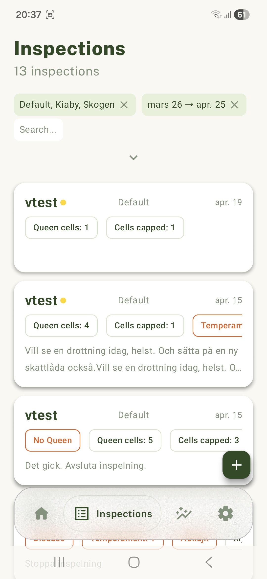 Inspections Screenshot showing a list of AI powered hive inspection reports